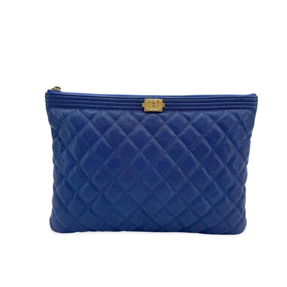 Chanel New Medium Caviar Boy Clutch Blue Gold Hardware